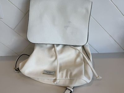 Victoria's Secret White Faux Leather & Canvas Drawstring Backpack Bag