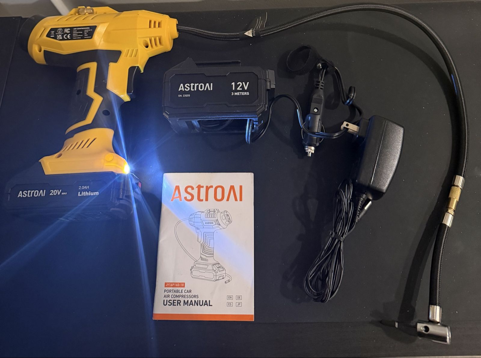 AstroAI 20V Cordless Portable Car Air Compressor Tire Inflator with Battery & Charger
