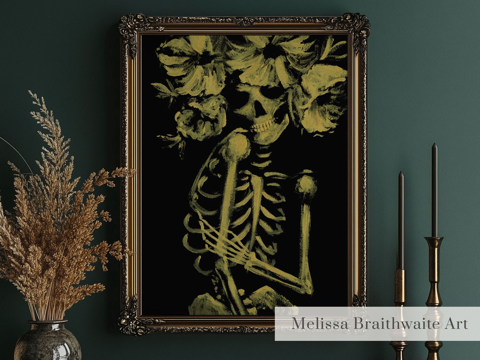 Girly Halloween wall decor: painting of a pretty skeleton wearing a flower crown, multiple sizes available