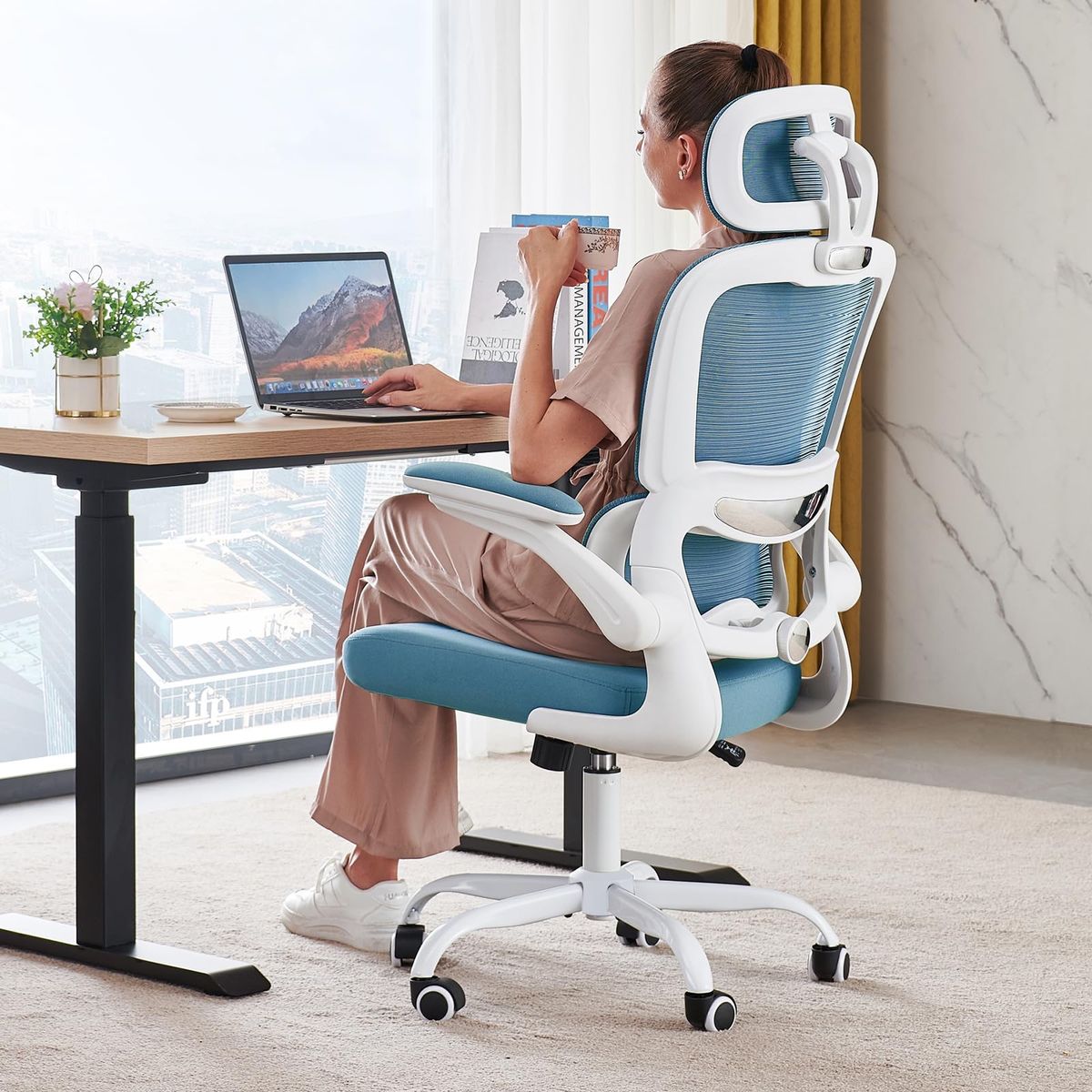 TRALT Ergonomic Office Chair with Lumbar Support – White/Blue