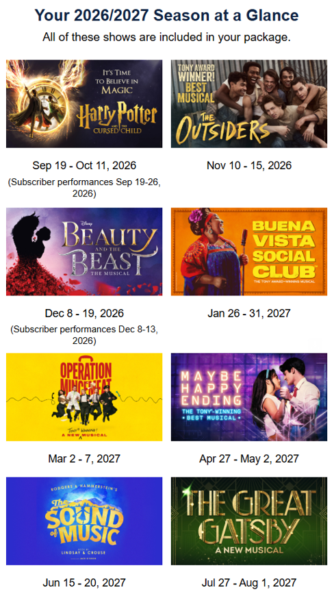 26-27 Broadway at the Eccles Season Tickets, Friday Nights, Pair of Tickets, Premium Main Floor Isle Seats, 8 shows, $185/ticket