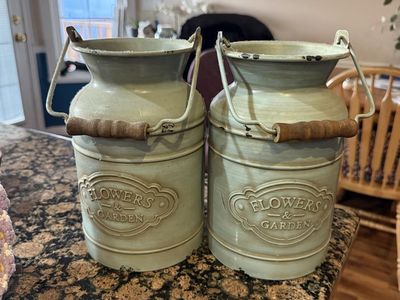 Set of 2 Decorative Distressed Metal Milk Can Vases - Flowers & Garden