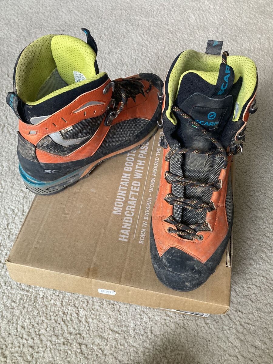 Mountaineering boots and crampons -- lightly used, great condition