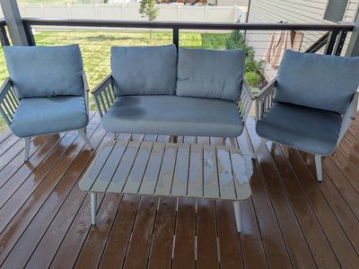 Outdoor Patio Furniture Set - Blue Loveseat, 2 Chairs, & Coffee Table