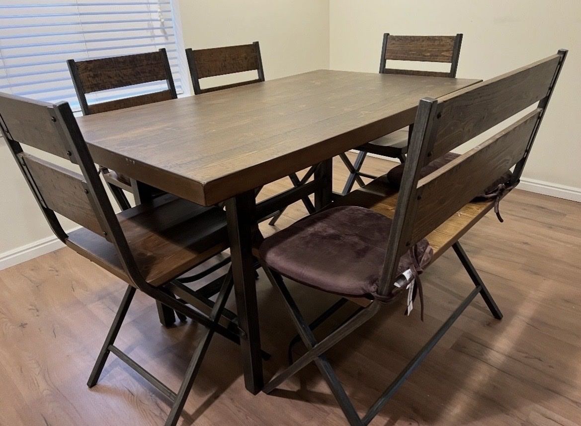 Rustic Wood & Metal Dining Table with 4 Chairs - Dark Brown Finish