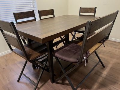 Rustic Wood & Metal Dining Table with 4 Chairs - Dark Brown Finish