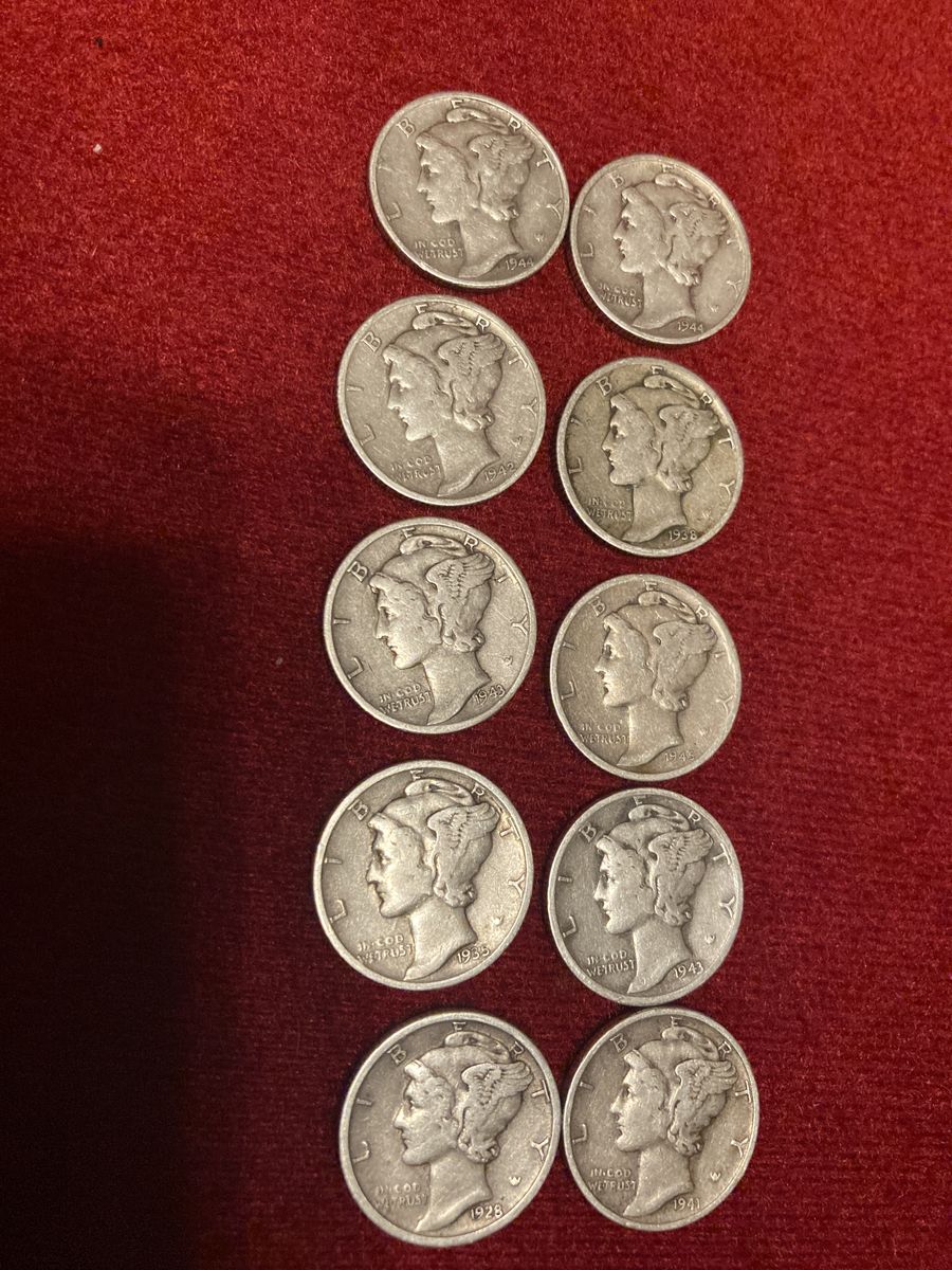 10 Vintage United States Mercury Dimes