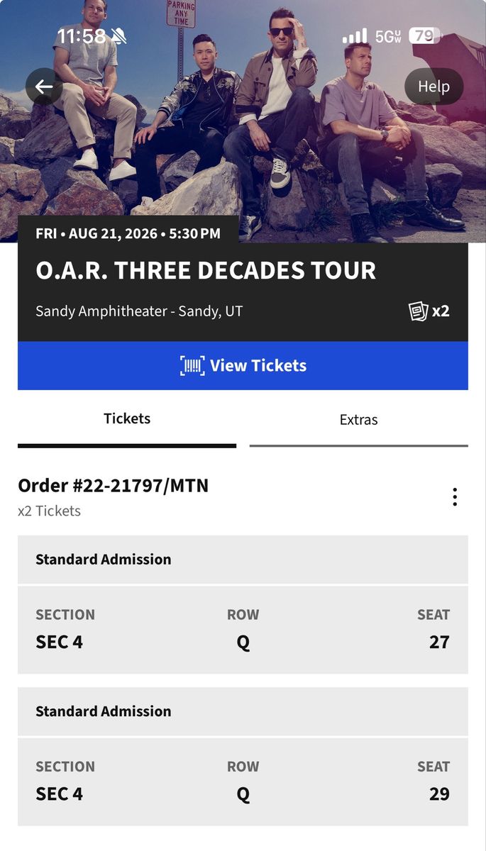 O.A.R. Three Decades Tour Tickets - 2 Tickets - Sandy Amphitheater