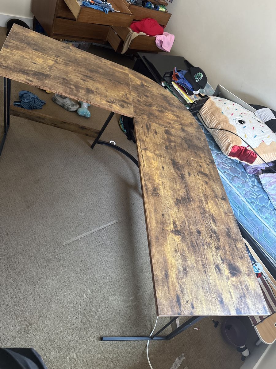 Spacious L-Shaped Corner Computer Desk - Rustic Brown/Black Metal Frame