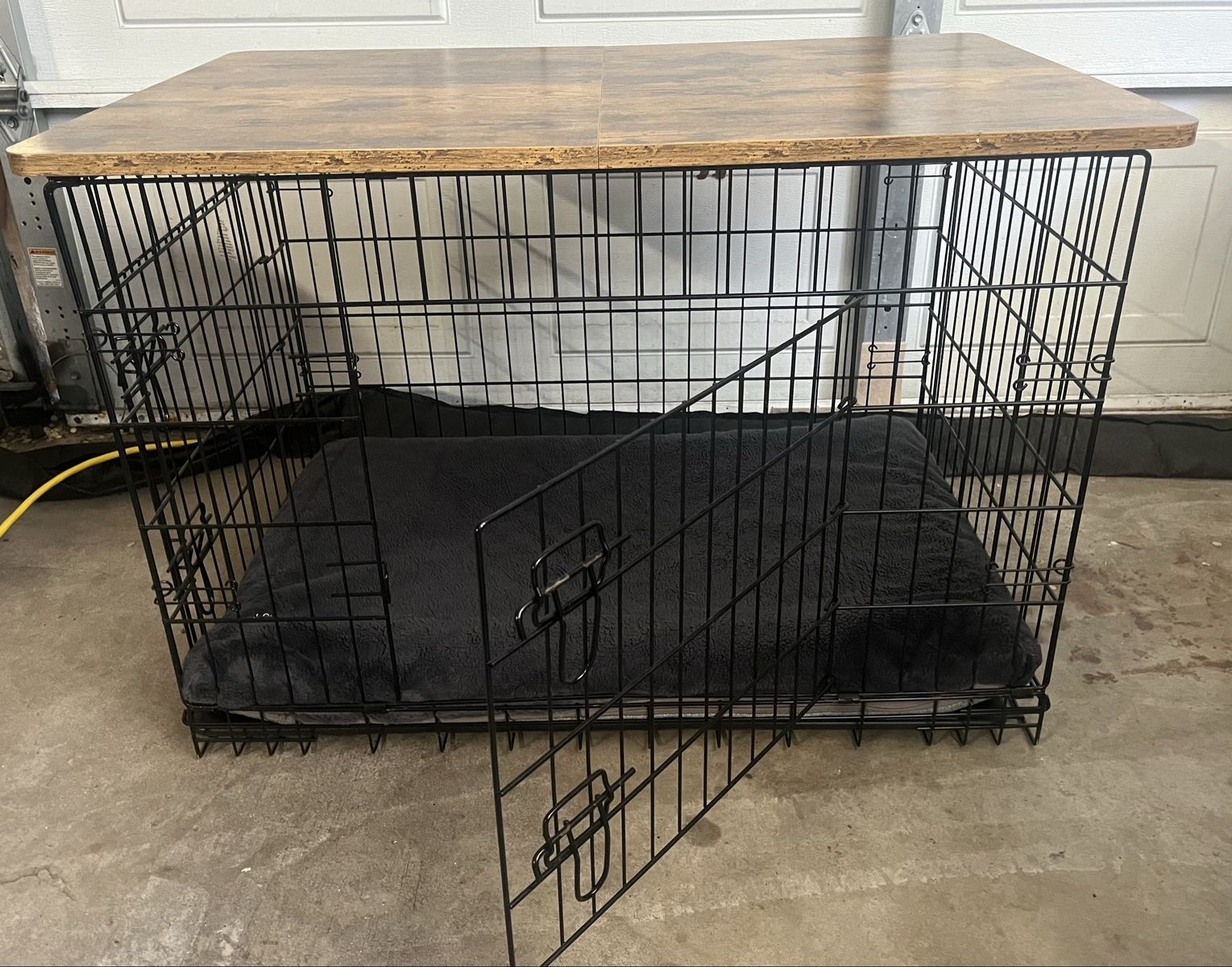 Black Wire Dog Crate with Wooden Top & Plush Bed - Large, Collapsible