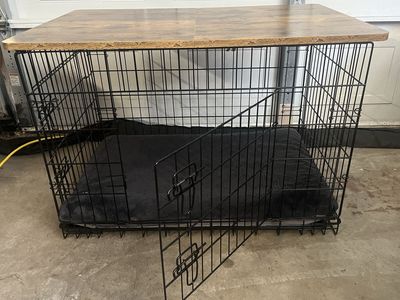 Black Wire Dog Crate with Wooden Top & Plush Bed - Large, Collapsible