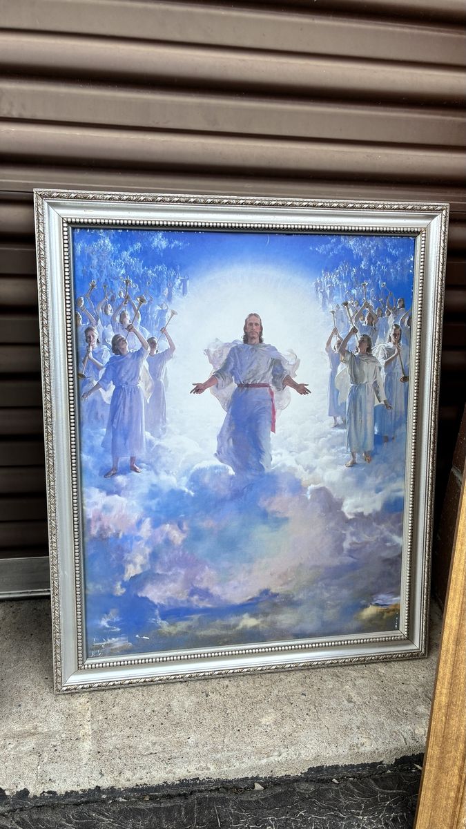 Framed Religious Art Print - Jesus & Angels in Clouds, Silver Frame