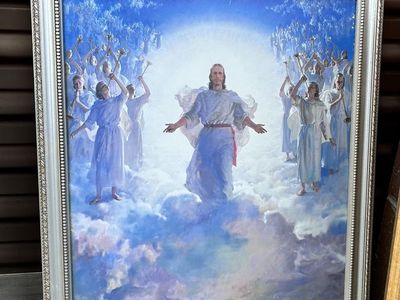 Framed Religious Art Print - Jesus & Angels in Clouds, Silver Frame