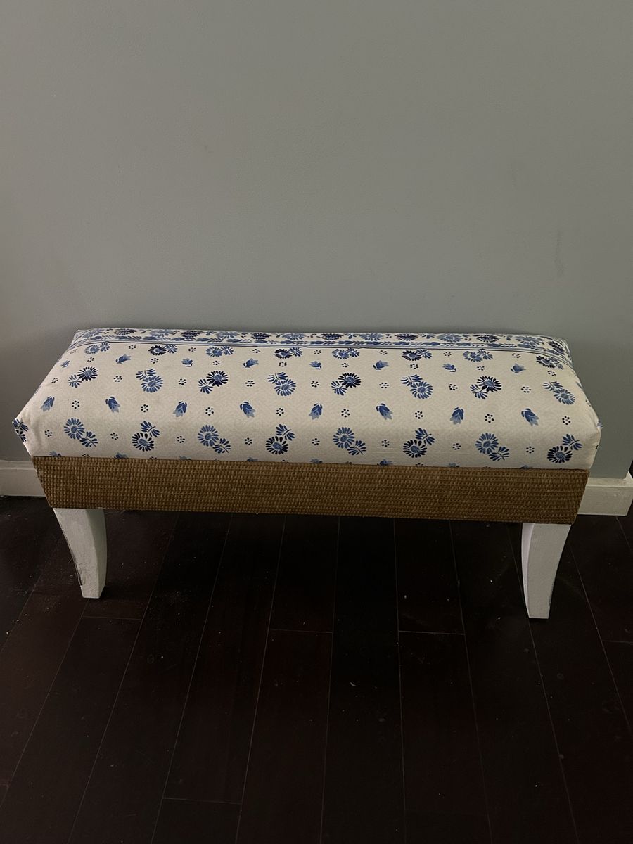 Upholstered Bench with Blue and White Floral Pattern and Woven Base. Two available. 12” deep x 30” wide x 20” tall.