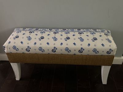 Upholstered Bench with Blue and White Floral Pattern and Woven Base. Two available. 12” deep x 30” wide x 20” tall.