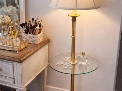 Brass Table Floor Lamp With Glass Table Vintage