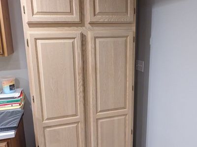 Oak Wood Pantry Cabinet with 4 Doors & Shelves - Spacious Storage