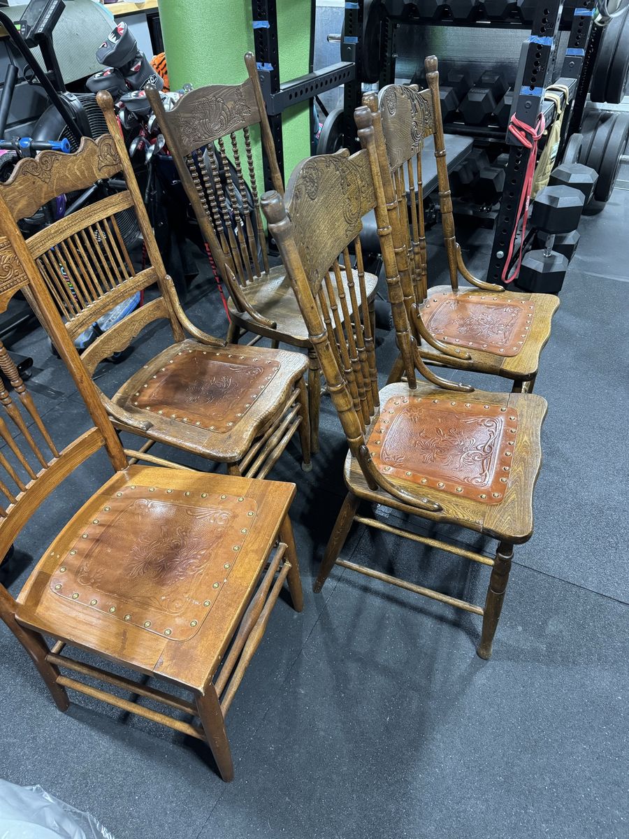 Antique Wooden Press Back Dining Chairs with Embossed Leather Seats