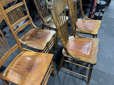 Antique Wooden Press Back Dining Chairs with Embossed Leather Seats