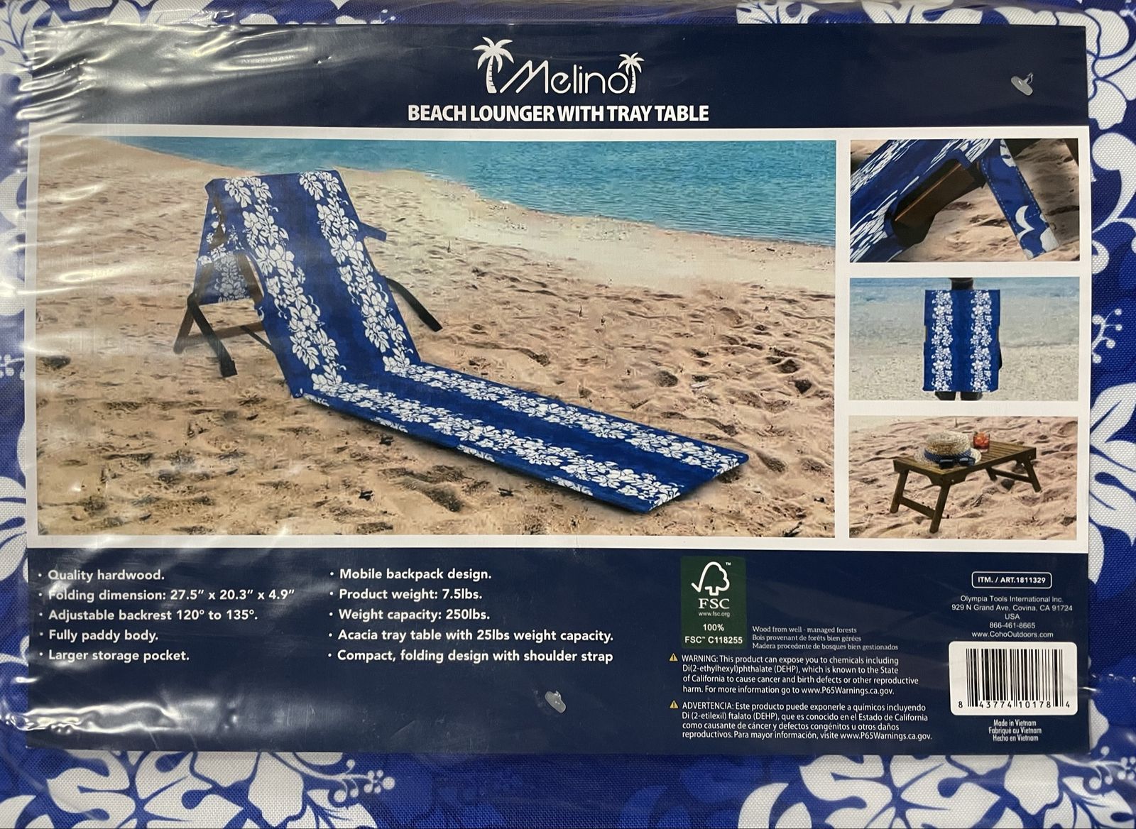 Brand New / Factory Sealed Melinoi Beach Lounger with Acacia wood Tray Table - Portable, Folding, Adjustable Backrest, 250lb Cap