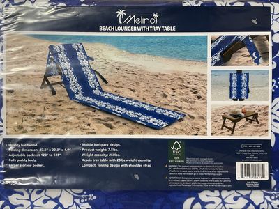 Brand New / Factory Sealed Melinoi Beach Lounger with Acacia wood Tray Table - Portable, Folding, Adjustable Backrest, 250lb Cap