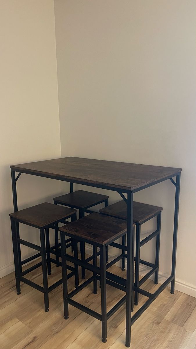 Industrial Wood and Black Metal Counter Height Dining Table with 4 Stools