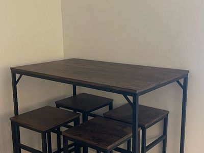 Industrial Wood and Black Metal Counter Height Dining Table with 4 Stools