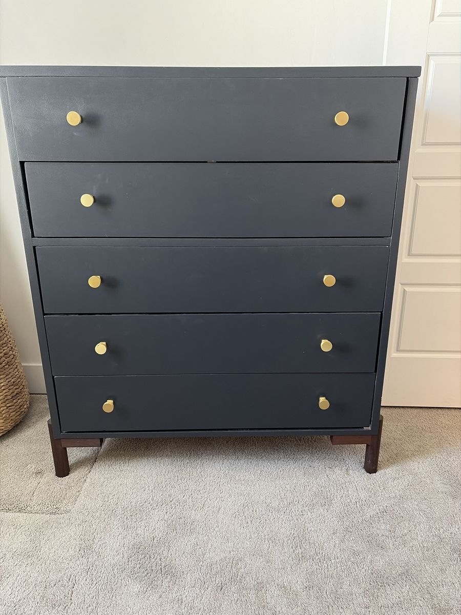 Black painted 5-Drawer Dresser with Gold Knobs and Wood Legs