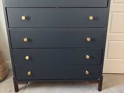 Black painted 5-Drawer Dresser with Gold Knobs and Wood Legs