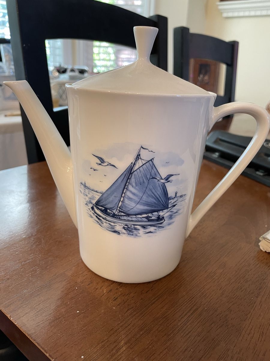 Vintage Holland Delft Blue & White Sailboat Coffee Pot Teapot Lidded Ceramic Pitcher