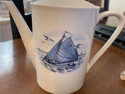 Vintage Holland Delft Blue & White Sailboat Coffee Pot Teapot Lidded Ceramic Pitcher