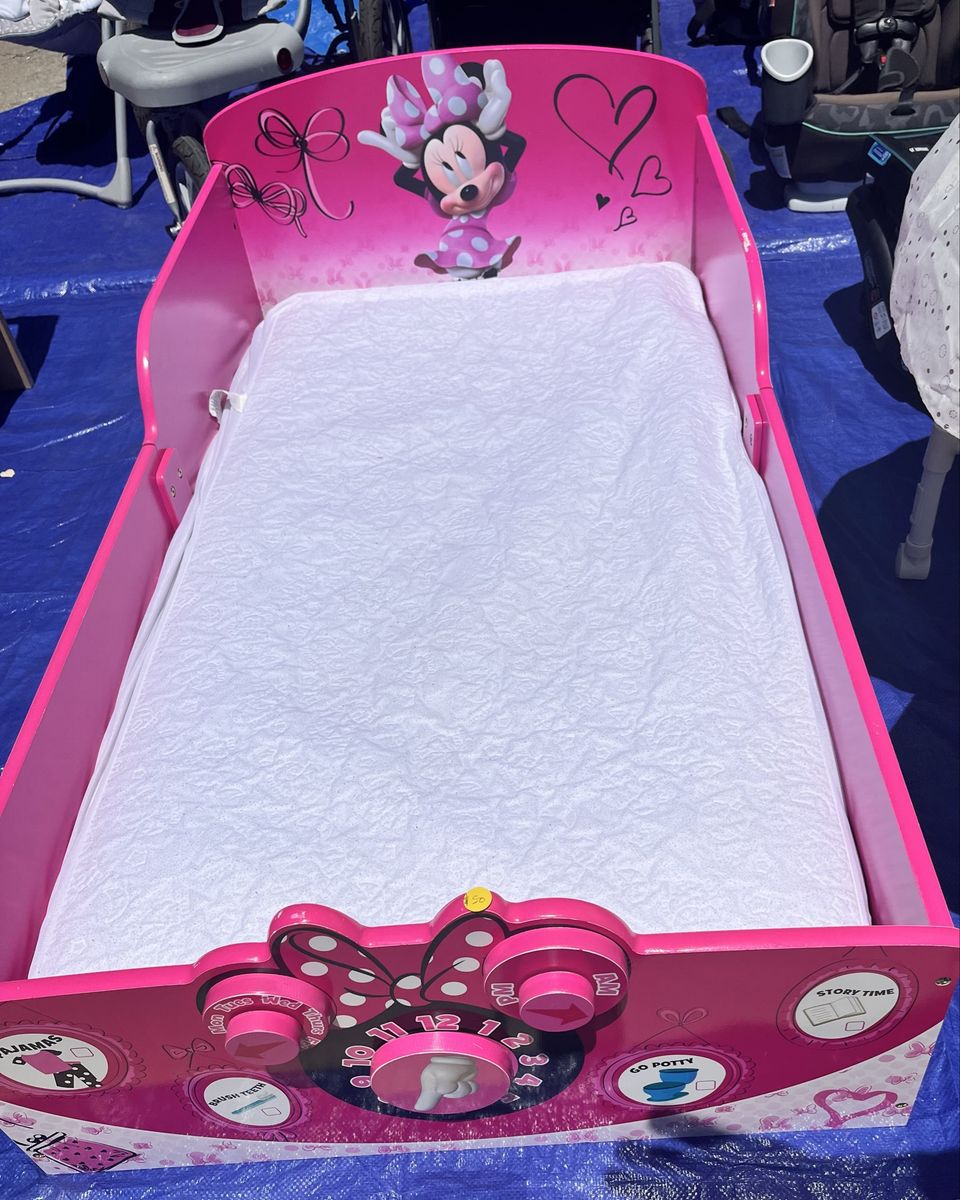 Minnie Mouse Toddler Bed - Pink Wood Frame with Built-in Activity Center & Bedtime Routine Chart