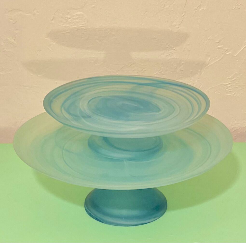 2 ANTIQUE IMPULSE TEAL HAND BLOWN PEDESTAL PASTERY