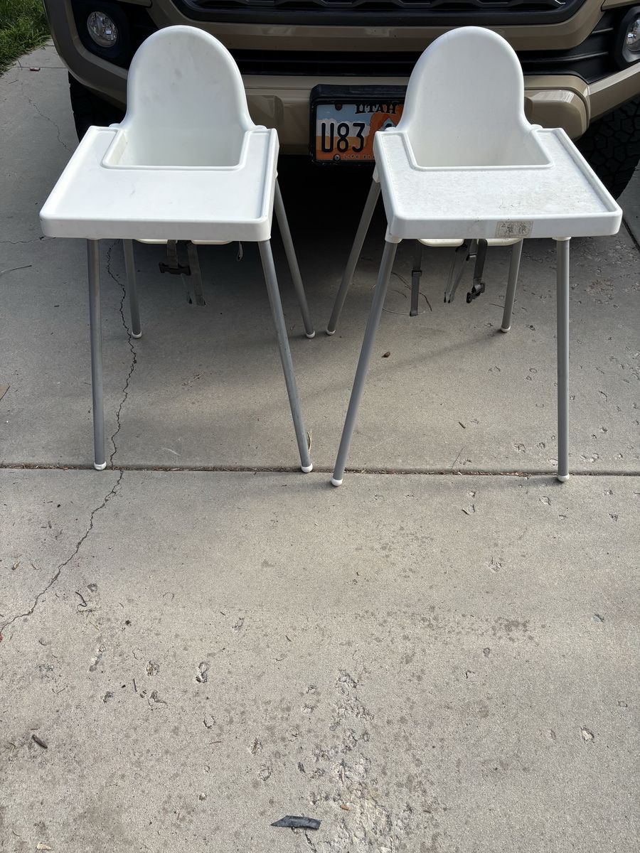2 IKEA Antilop High Chairs - White with Removable Trays and Safety Belts