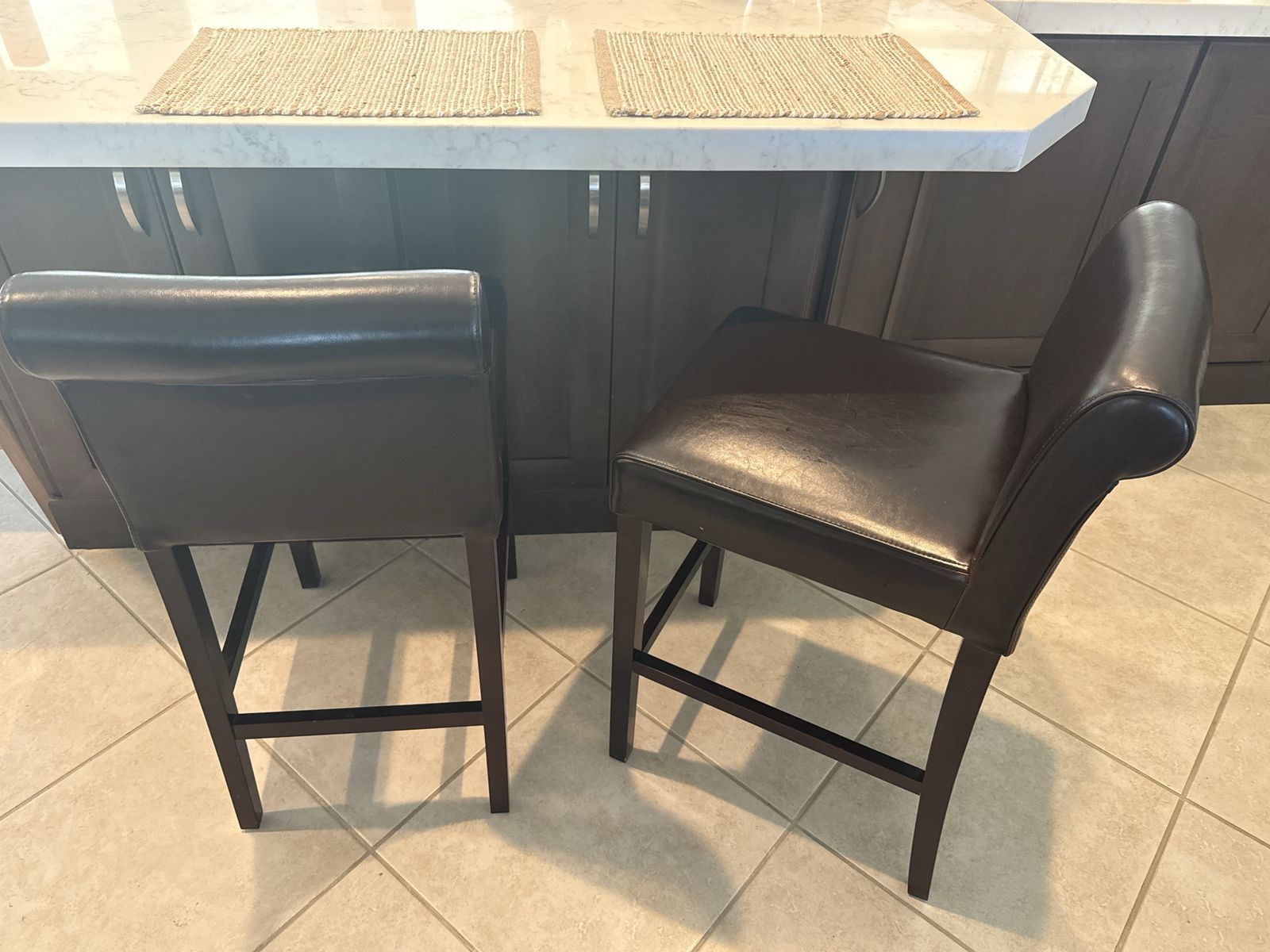 Pair of Dark Brown Leather Counter Height Bar Stools with Backs - Great condition $25 each