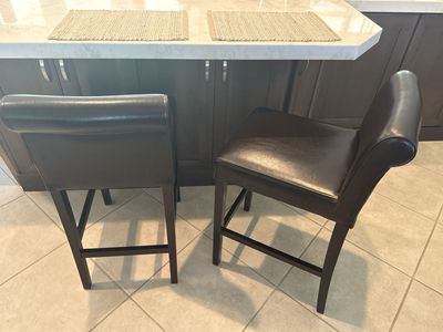 Pair of Dark Brown Leather Counter Height Bar Stools with Backs - Great condition $25 each