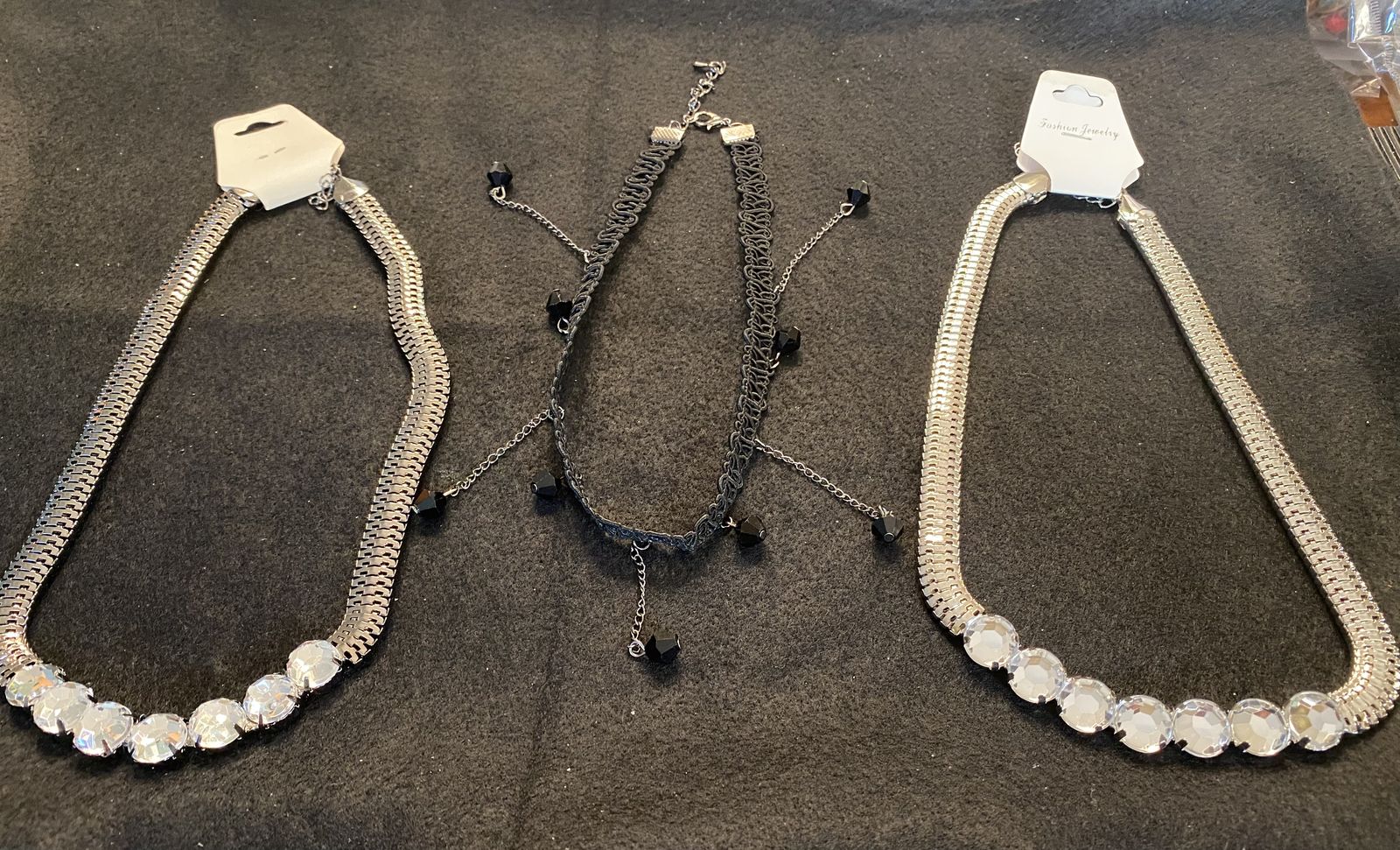 NEW! Gunmetal or Silver + Rhinestones Choker/Necklace - Also Fancy Black Choker W/ Dangling Faceted Beads - C PIX