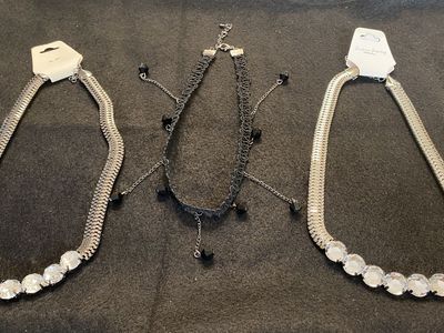 NEW! Gunmetal or Silver + Rhinestones Choker/Necklace - Also Fancy Black Choker W/ Dangling Faceted Beads - C PIX
