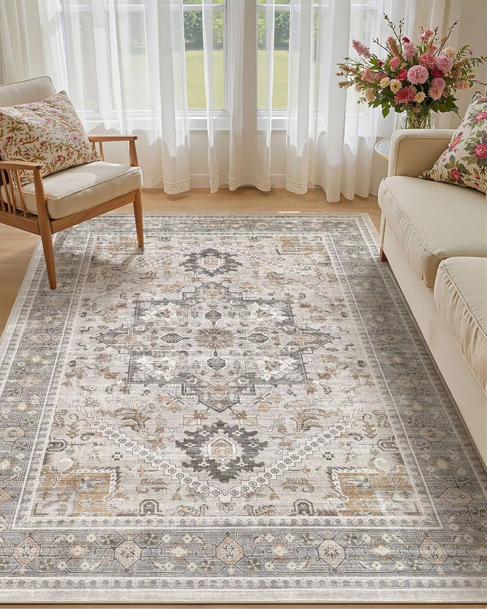 NEW 5x7 Vintage Area Rug: Washable Neutral Soft Non Slip Thin Taupe Vintage Medallion