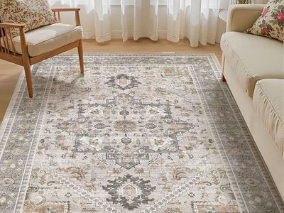 NEW 5x7 Vintage Area Rug: Washable Neutral Soft Non Slip Thin Taupe Vintage Medallion