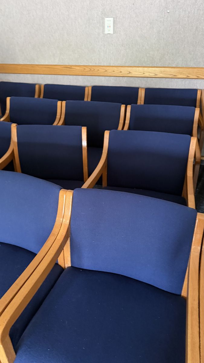 Upholstered Blue and Wood Chairs- Used by Skyline High Seminary - Must Go by 3 pm on 7/14/26