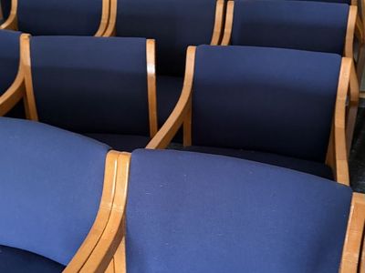 Upholstered Blue and Wood Chairs- Used by Skyline High Seminary - Must Go by 3 pm on 7/14/26
