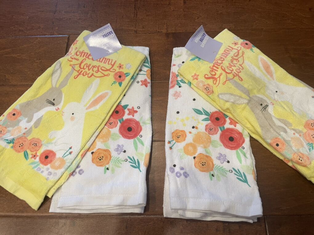 4 New Bunny & Flower Dish Towels