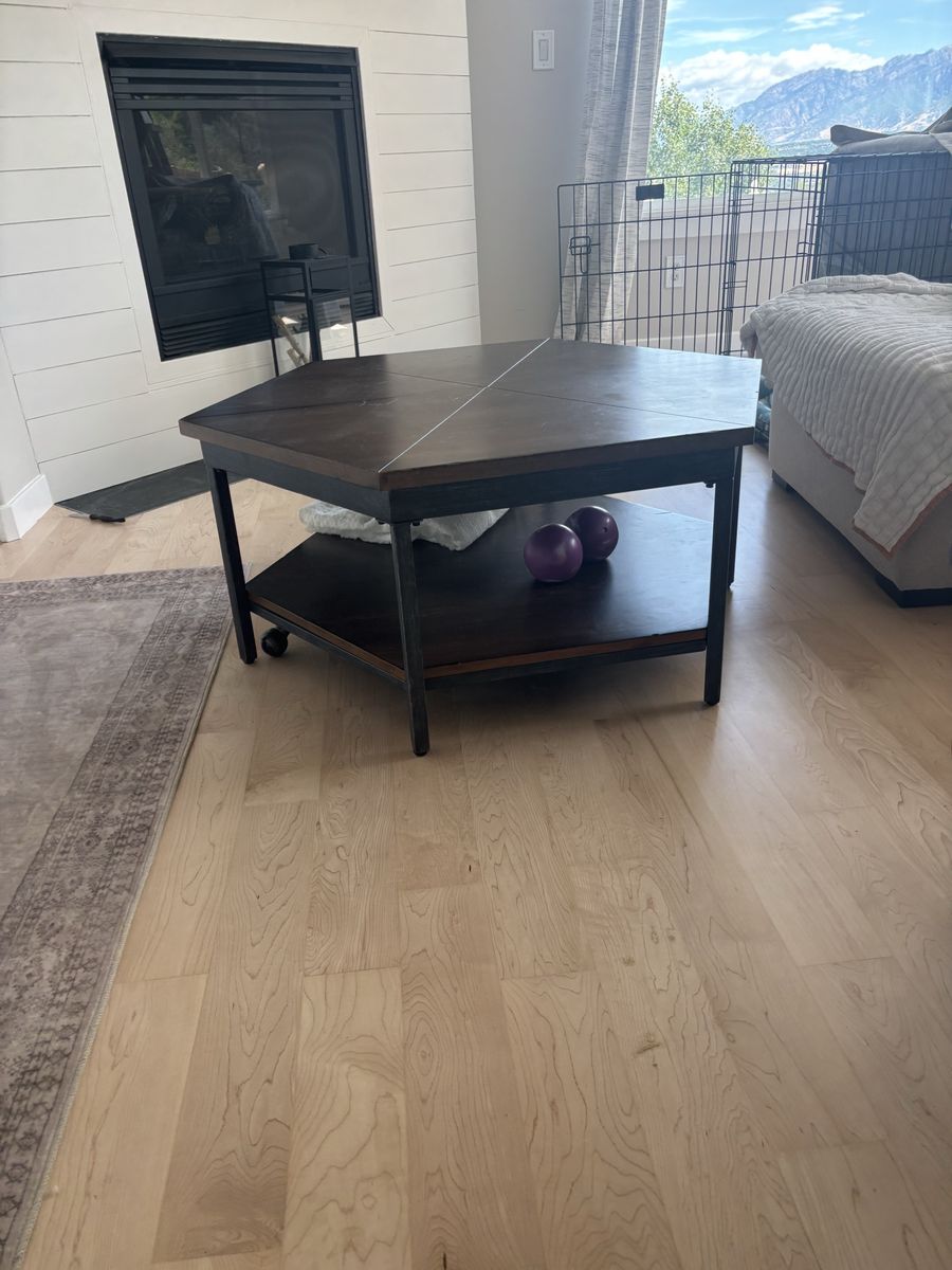Unique Hexagon Coffee Table - Lift-Top with Storage Shelf, Rustic Wood & Metal Design