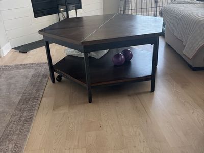 Unique Hexagon Coffee Table - Lift-Top with Storage Shelf, Rustic Wood & Metal Design
