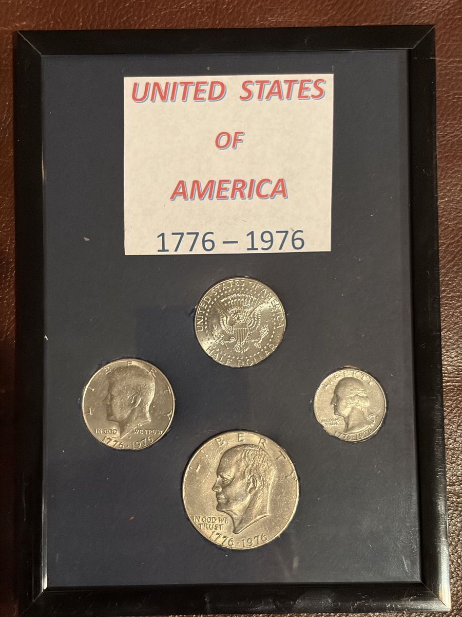 United States of America 1776-1976 Bicentennial Coin Set - Framed Kennedy Half Dollar, Eisenhower Dollar, Quarter