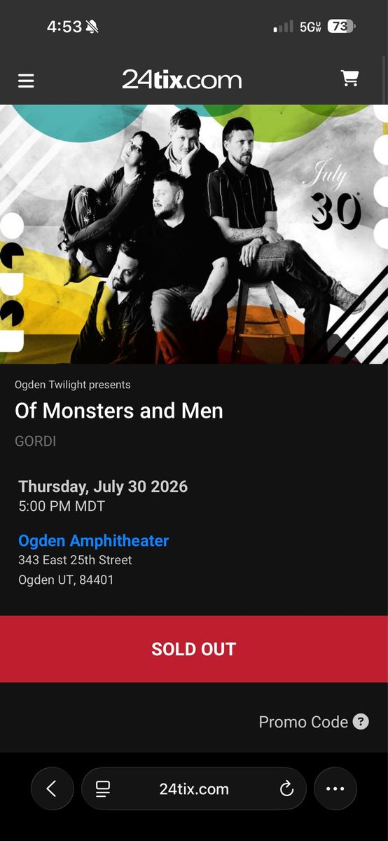 2 TICKETS Of Monsters and Men Concert Tickets - Ogden Twilight - July 30