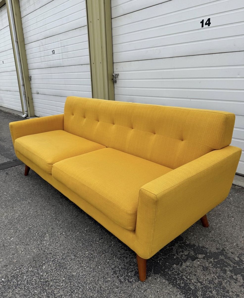 Mid-Century Modern Mustard Yellow Fabric Sofa with Wood Legs - Excellent Condition (Free Delivery within 10 miles)