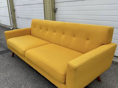 Mid-Century Modern Mustard Yellow Fabric Sofa with Wood Legs - Excellent Condition (Free Delivery within 10 miles)