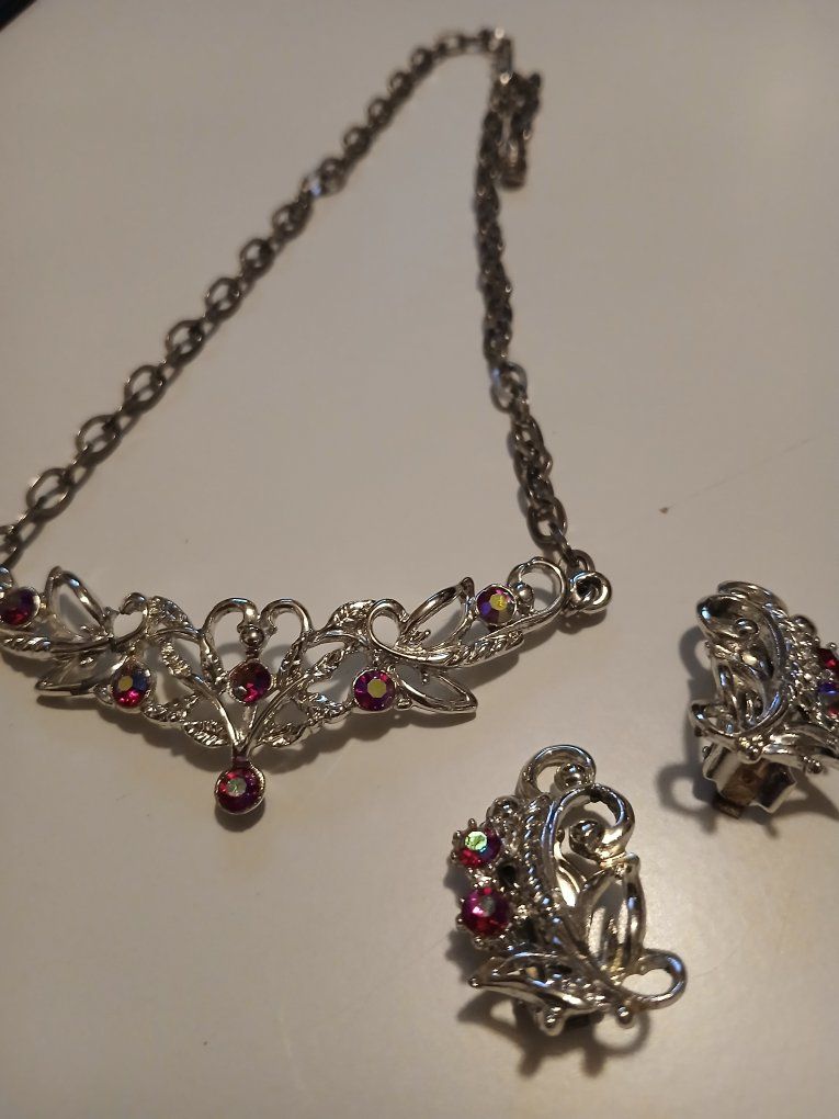 Silver-Tone Rhinestone Necklace and Clip-On Earrings Set